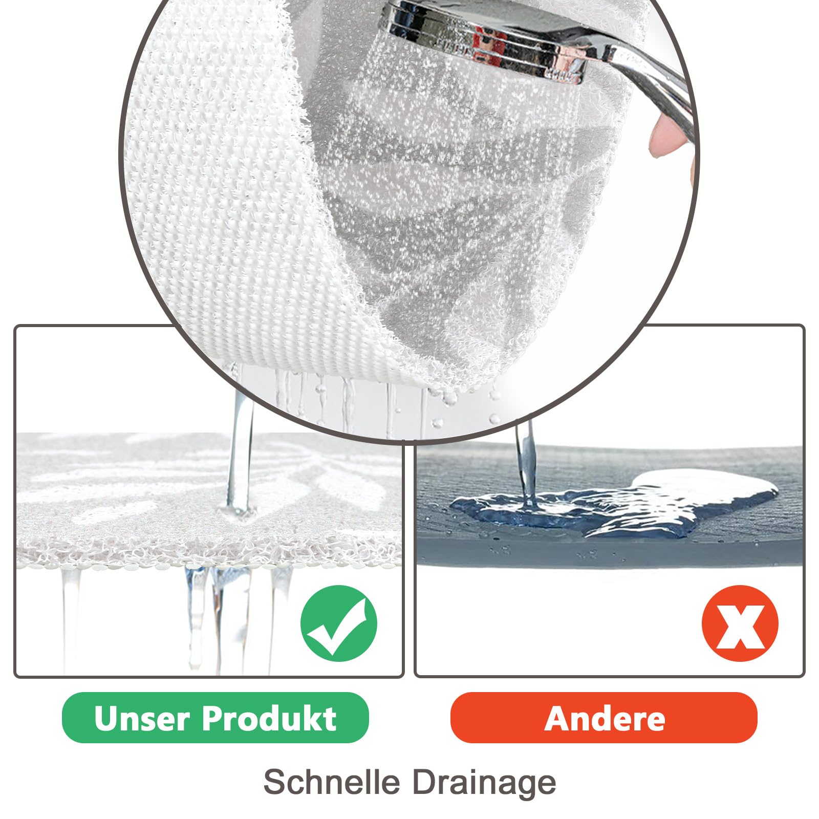 Tapis de douche antidérapant 80 x 80 cm, en PVC, uffa avec trous de drainage, doux, confortable, sécurité, séchage rapide, feuilles grises, 80 x 80 cm (carré)