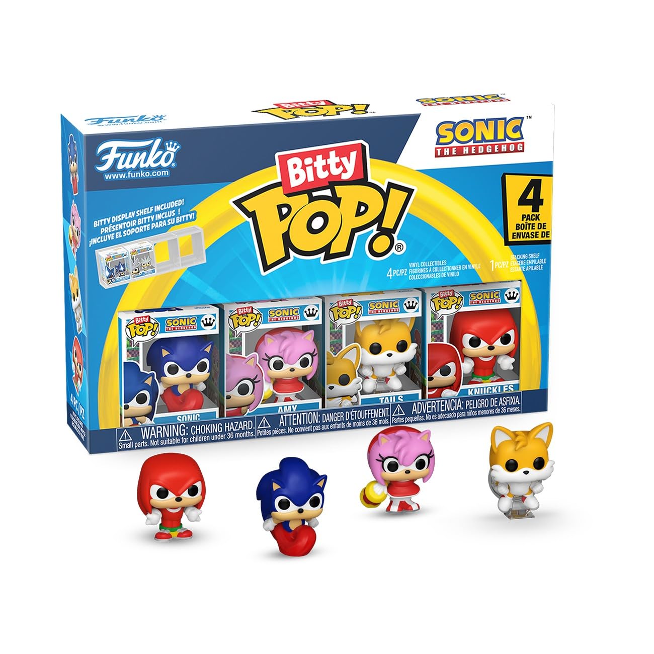 Funko Bitty POP! 4 Pack: Sonic The Hedgehog - Sonic, Amy, Tails, Knuckles - 0.9 inch (2.2 cm) Collectable - Stackable Display Shelf Included - Gift Idea - Party Bags Stocking - Cake Topper