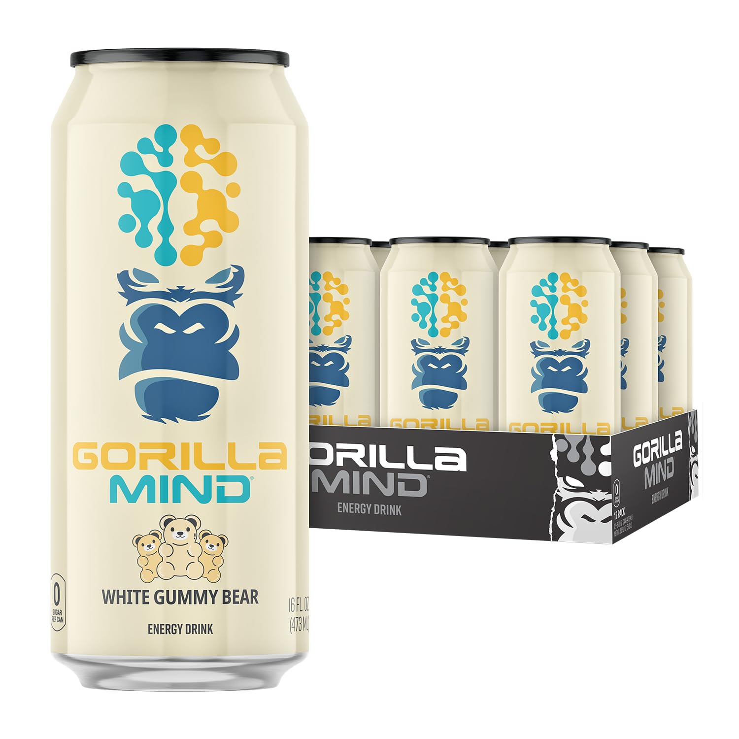 Gorilla Mind Energy Drink | Unmatched Energy · Amplified Focus | N-Acetyl-L-Tyrosine, Alpha-GPC, 200mg Caffeine, Uridine, Saffron | 0 Sugar Or Artificial Colors | 16oz, 12-Pack (White Gummy Bear)