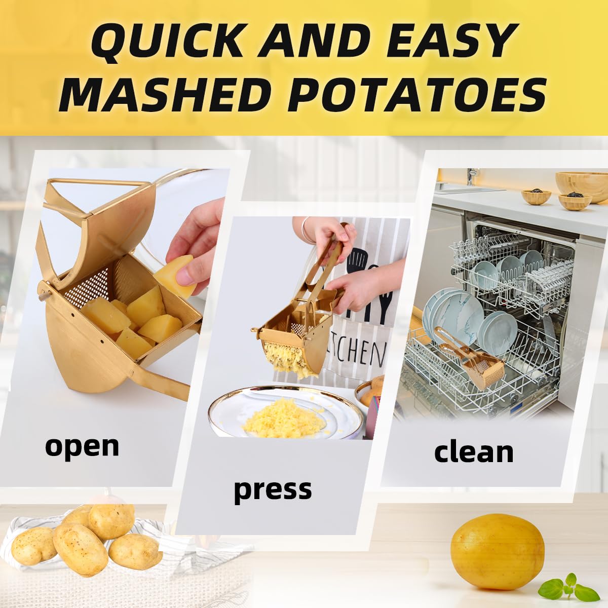 Prensador de patatas grande, triturador de patatas de acero inoxidable resistente para uso comercial y doméstico, prensa de frutas para bebés