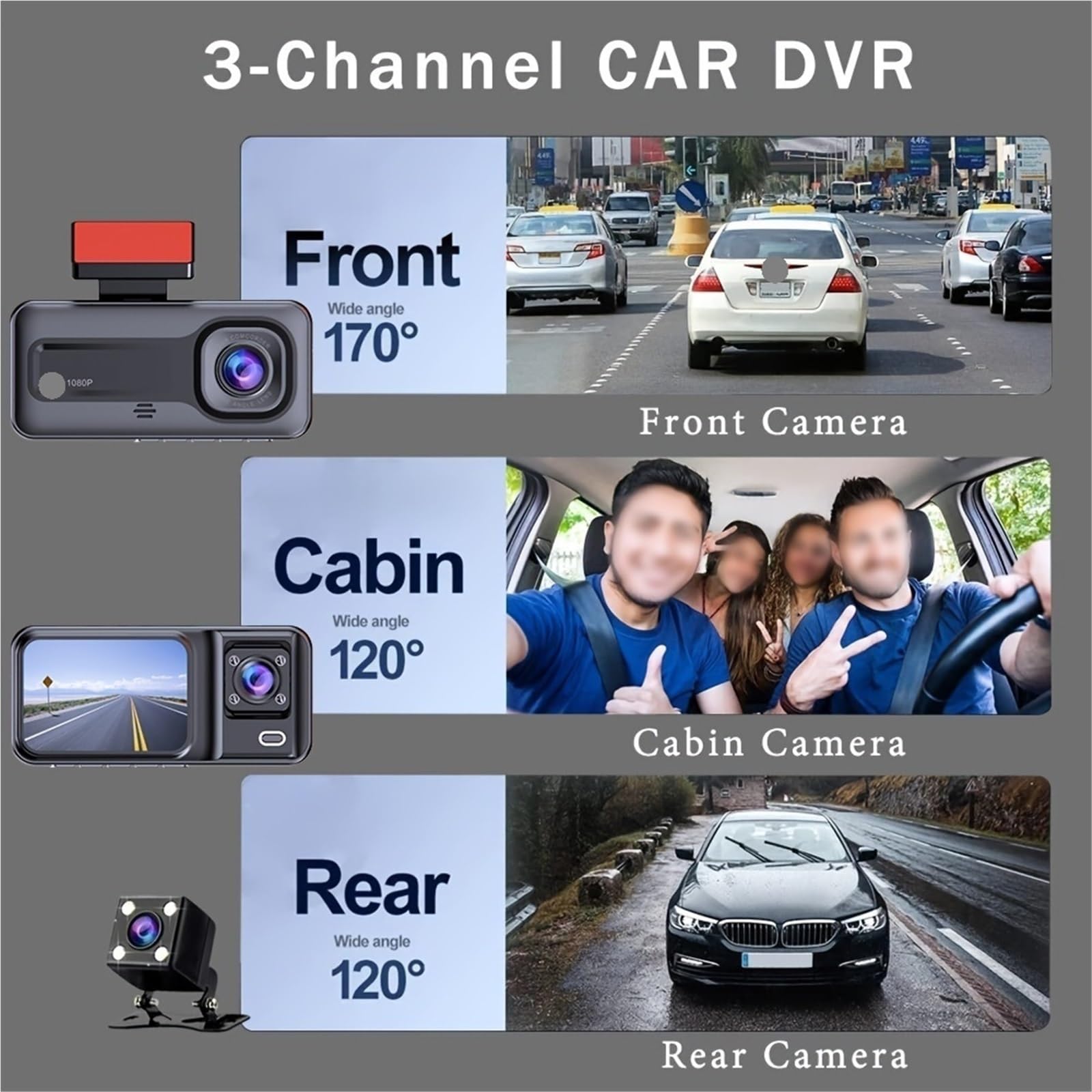 Cámara de Marcha atrás Cámara de Aparcamiento Cámara de salpicadero para Coche, Caja Negra, DVR para Coche, 1080P, cámara de visión Trasera(2 Lens Dash CAM,No TF Card)