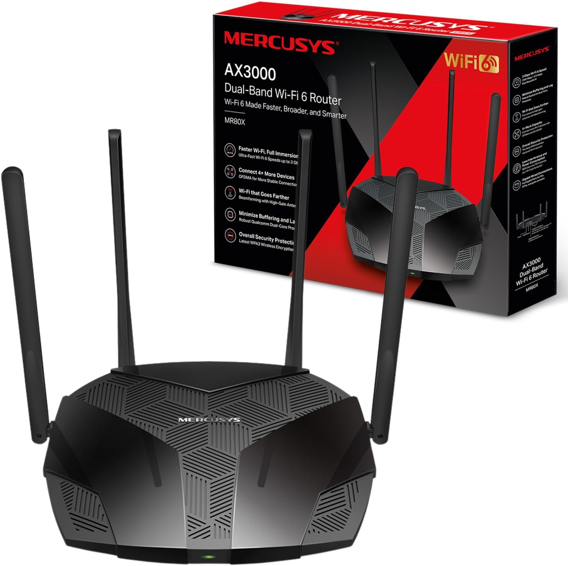 MERCUSYS MR80X Dual Band WiFi 6 Router AX3000Mbps,High Speed Wireless Gaming Router for Xbox, PS4,Steam & 4K Streaming with 4 High Gain Antennas,Support VPN Sever,3 Gigabit LAN Ports,Qualcomm Chipset