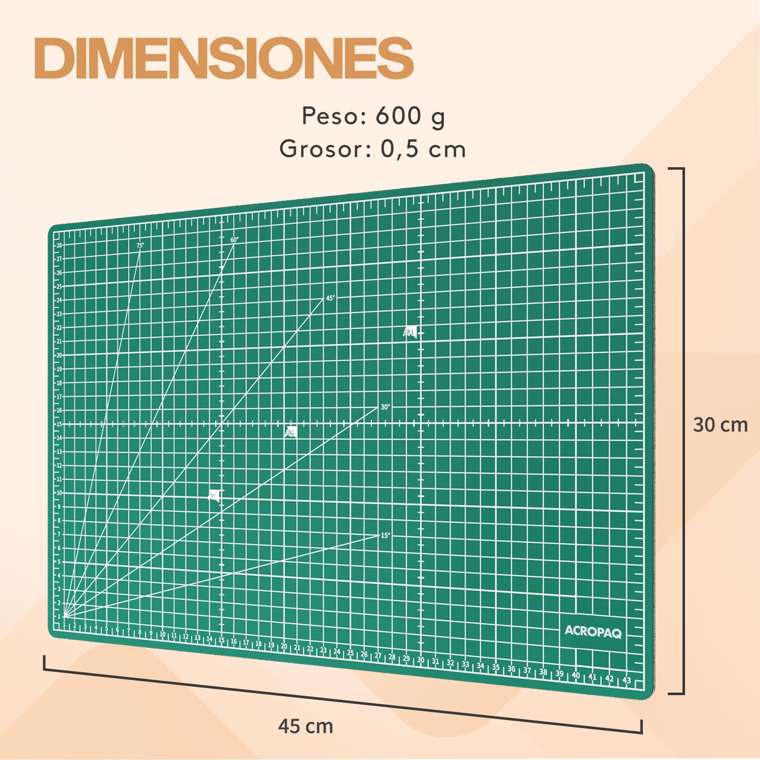 ACROPAQ A3 Manta de Corte - Autorreparable, A3 (45 x 30 cm), 5 capas de protección para muebles, Con cuadrícula y guías de ángulo en ambas caras, Verde - Manta de manualidades
