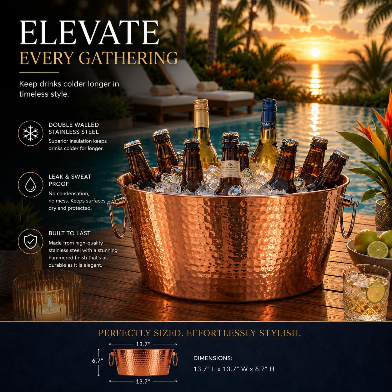 BREKX Insulated Stainless Steel Beverage Tub & Ice Bucket, Rose, 12Qt image 4