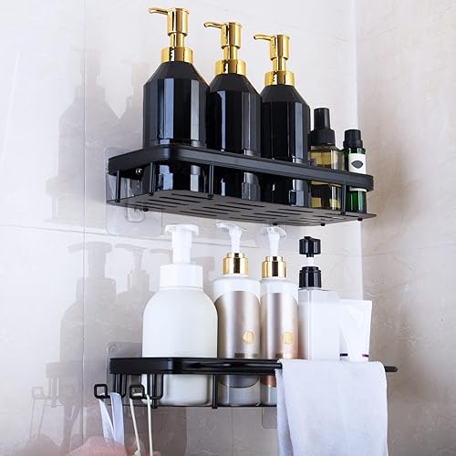 Paquete de 2 organizadores de ducha adhesivos, sin dejar rastros, organizador de estante de ducha con barra de toalla de baño, espacio de aluminio a