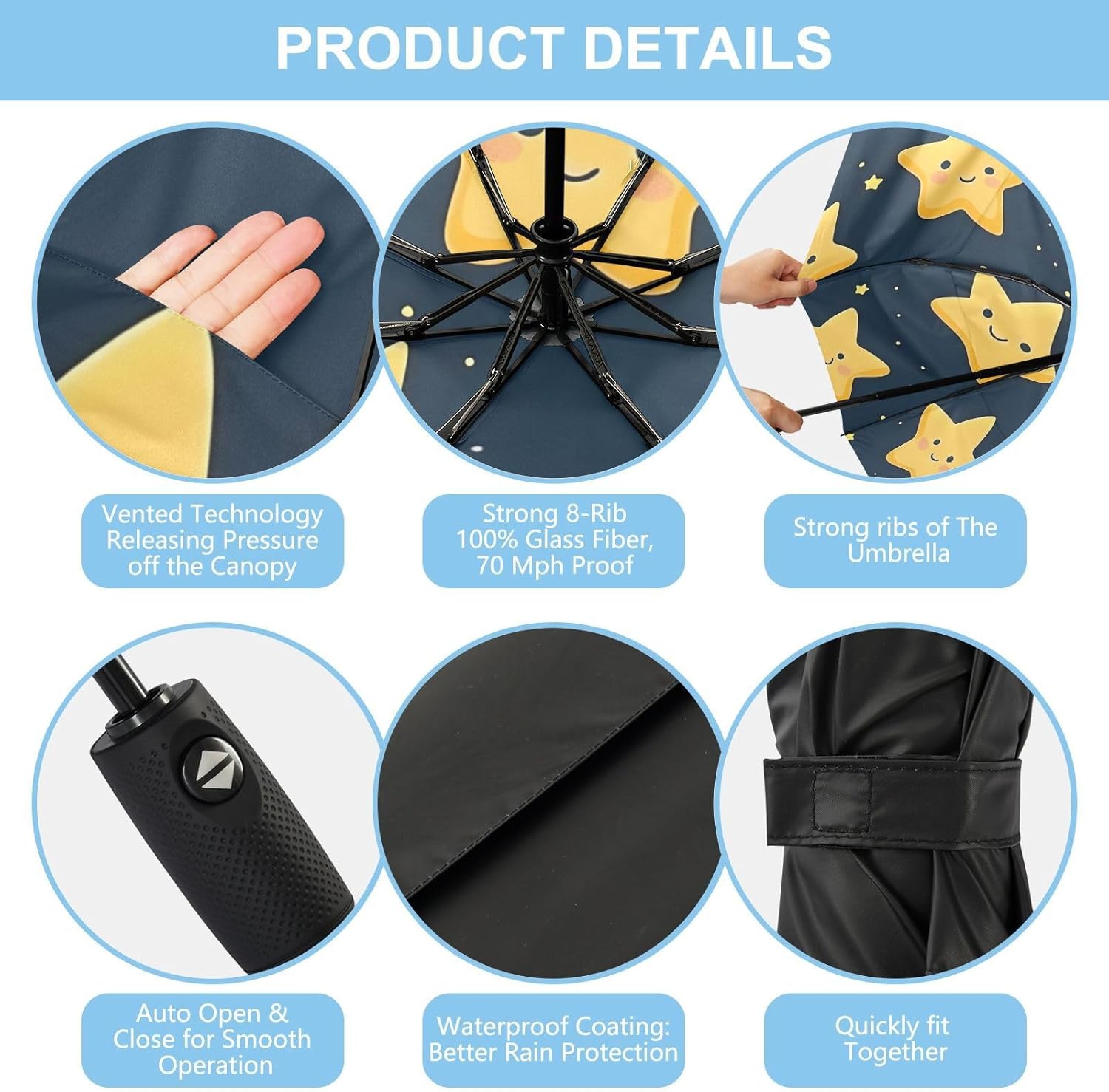 Cute Yellow Star with A Smiley Face Windproof Folding Travel Umbrella Compact Lightweight and Strongest Automatic Foldings Umbrellas for Rain and Sun with Cover Bag for Men and Women 21221059