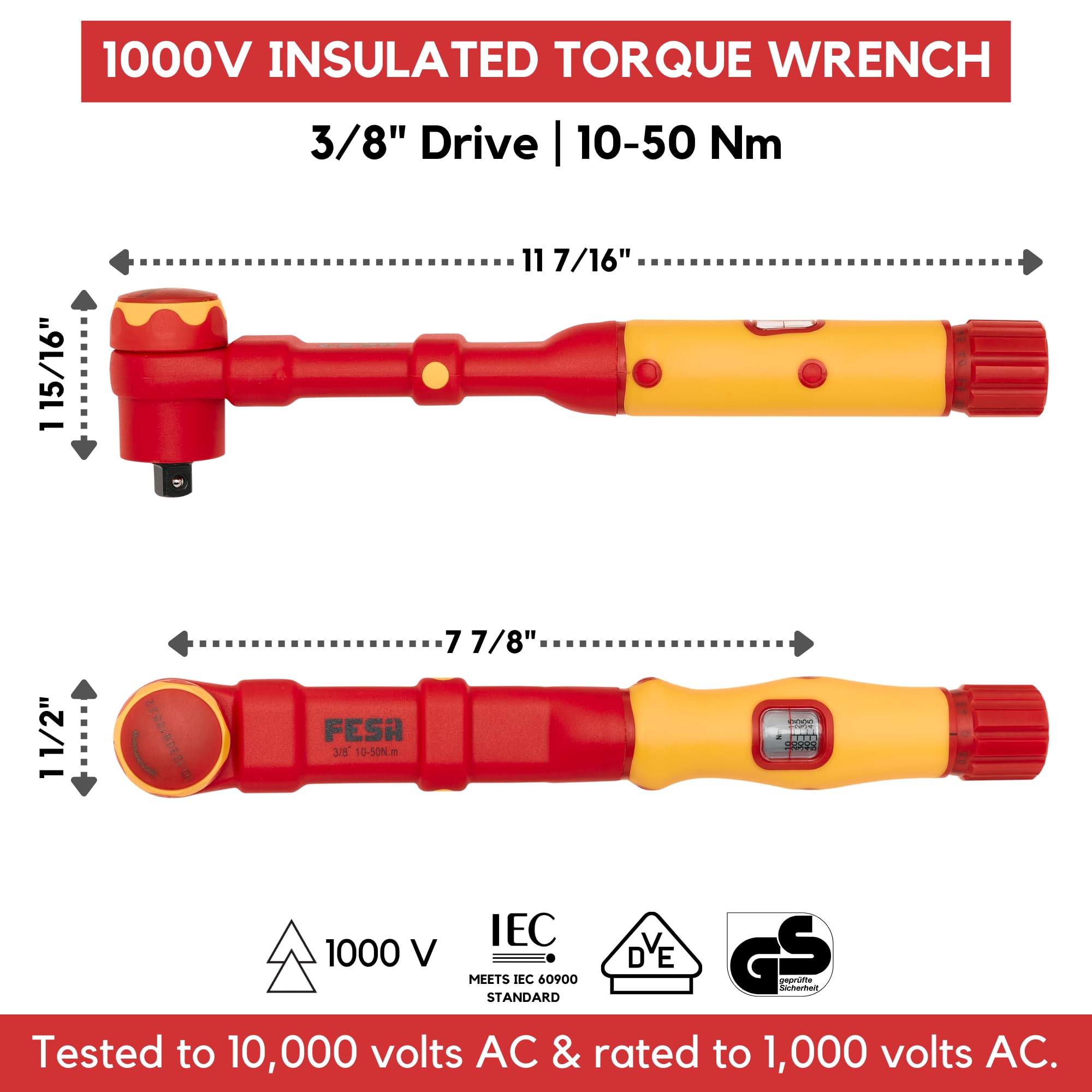FESA Llave dinamométrica aislada para electricista (unidad de 1 cm, rango de 10-50 Nm) | Con fácil ajuste de par y visualización de escala: cada llave aislada tiene identificación para trazabilidad