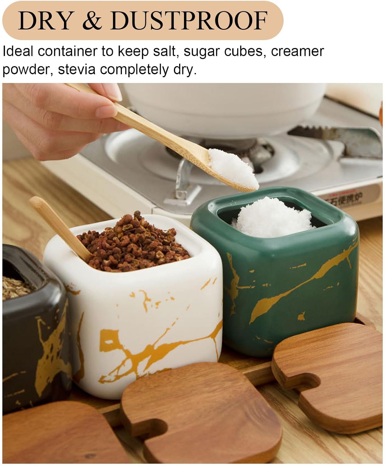 Tefola Salt Cellar with Lid, 400ml Set of 3 Ceramic Salt Cellar Condiment Container with Lids Spice Container Condiment Jars with Wooden Tray and Spoons (Acacia Wood, Stone Grain Mixed Color)