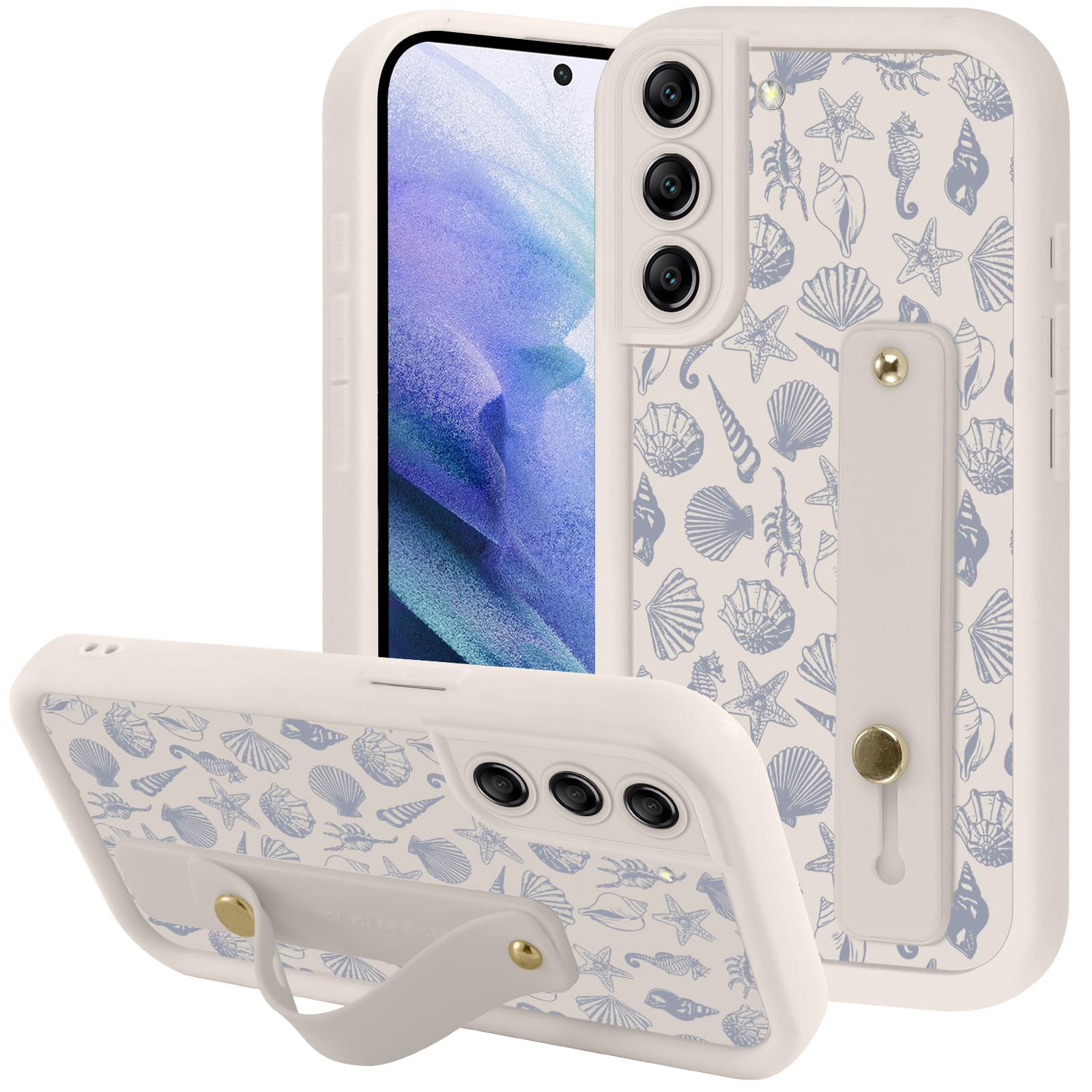 Coque Samsung S21 antichute avec anneau support motif coquillage