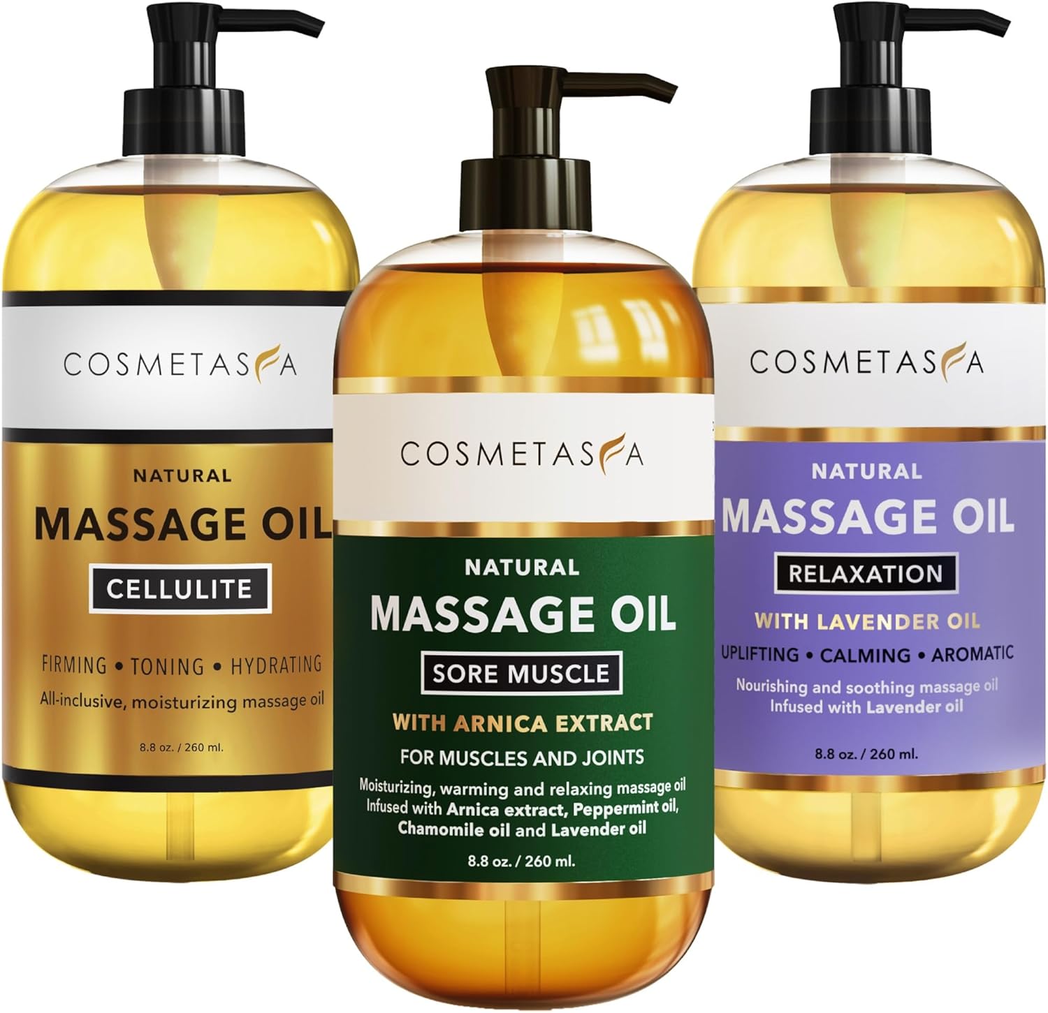 Cosmetasa Massage Oil Set - Arnica & Peppermint Sore Muscle Relief, Cellulite & Lavender Body Massage Oils - Gua Sha Therapy