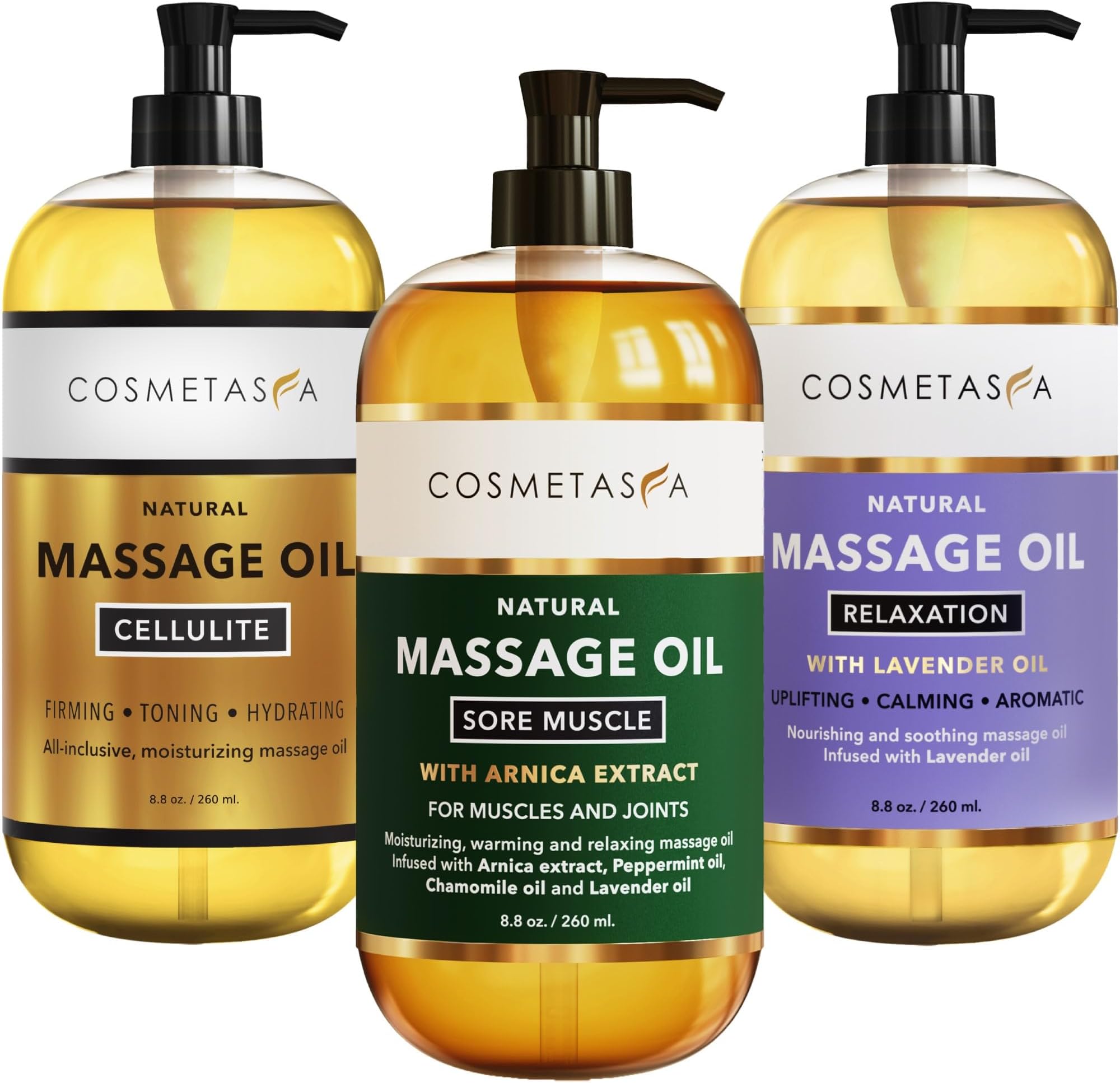 Cosmetasa Massage Oil Set - Arnica & Peppermint Sore Muscle Relief, Cellulite & Lavender Body Massage Oils - Gua Sha Therapy