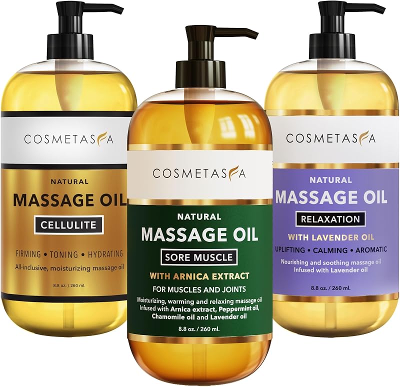 Massage Oil Set - Arnica & Peppermint Sore Muscle Relief, Cellulite & Lavender Body Massage Oils - Gua Sha Therapy