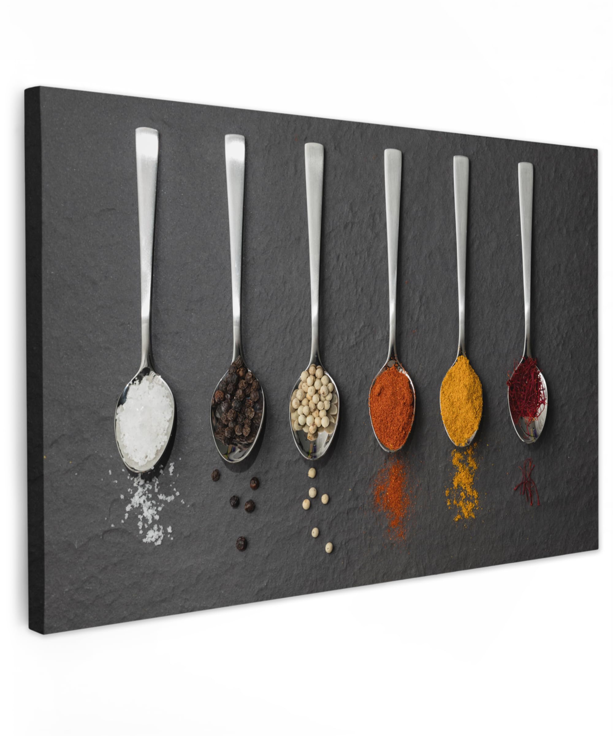 MuchoWow© Canvas Wall Art Work 24"x16" / 60x40 cm Room Decor Painting Wallfillers Picture Decoration Prints Spices - Spoons - Table - Rustic - Spices