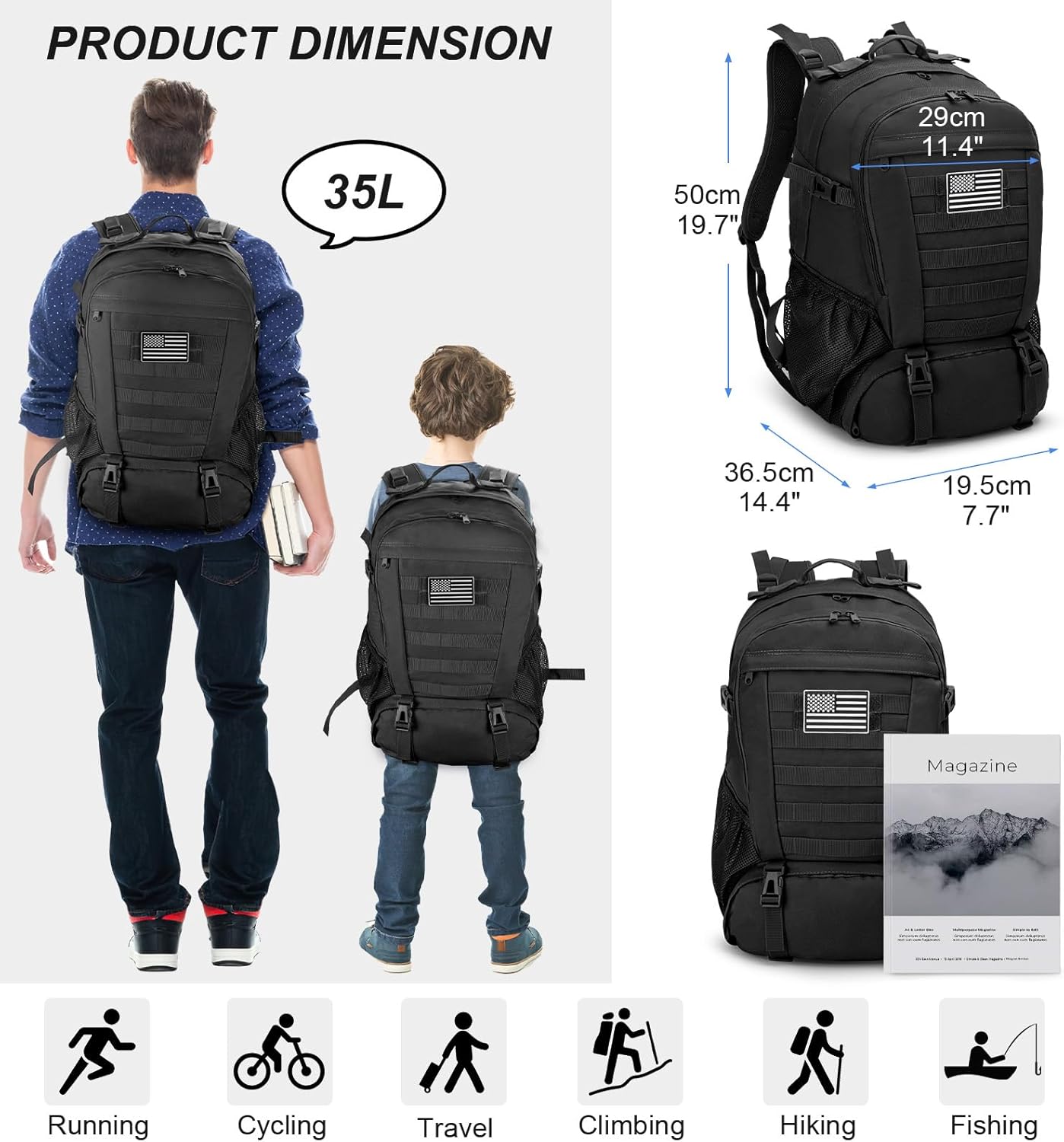 Jueachy Tactical Backpack for Men Hiking Day Pack Molle Military Rucksack Waterproof 30L EDC Bag with USA Flag Patch