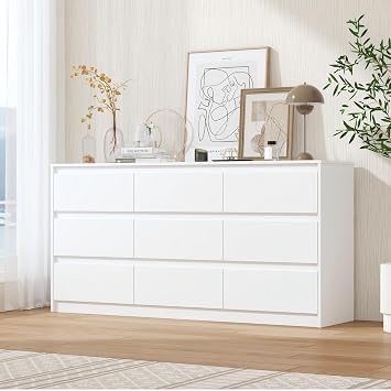 FUFU&GAGA 9 Drawer Dresser Chest of Drawers, 63 Wide Dressers, Modern Wood Drawer Chest Storage Organizer, No Handle Design for Bedroom Living Room Hallway, White 63W x 15.7D x 31.5H