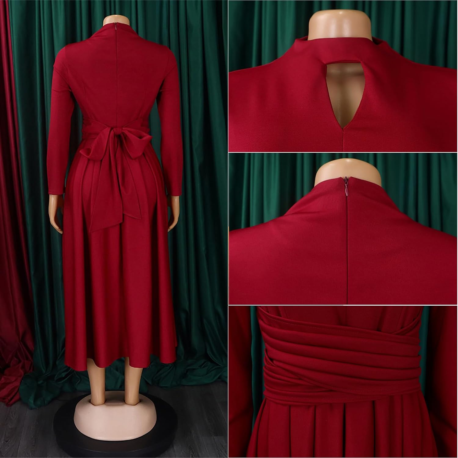 Women's Long Sleeve Maxi Dress High Waist Ruched A Line Swing Cocktail Party Dresses Plus Size - Image 4