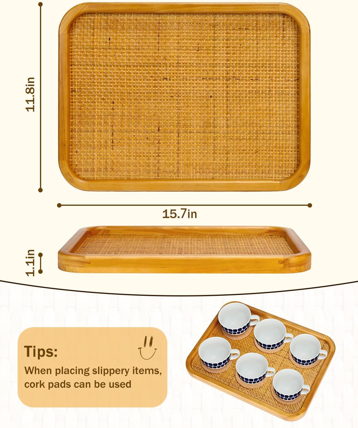 Wood Serving Tray, Rattan Tray Rectangular for Coffee Table, Living Room, Decorative Serving Woven Trays Wicker Baskets for Organizing and Home Decor, with 6 Anti slip cork mats (15.7" × 11.8")