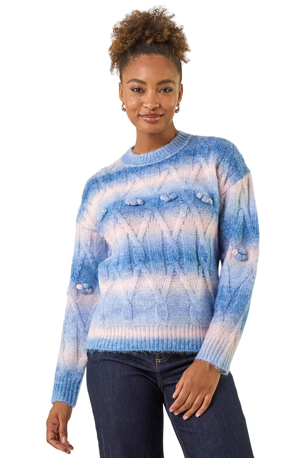 Roman Originals Space Dye Stripe Knit Jumper for Women UK - Ladies Everyday Autumn Winter Crew Neckline Comfy Soft Evening Vacation Work Party Night Out - Blue - Size 16