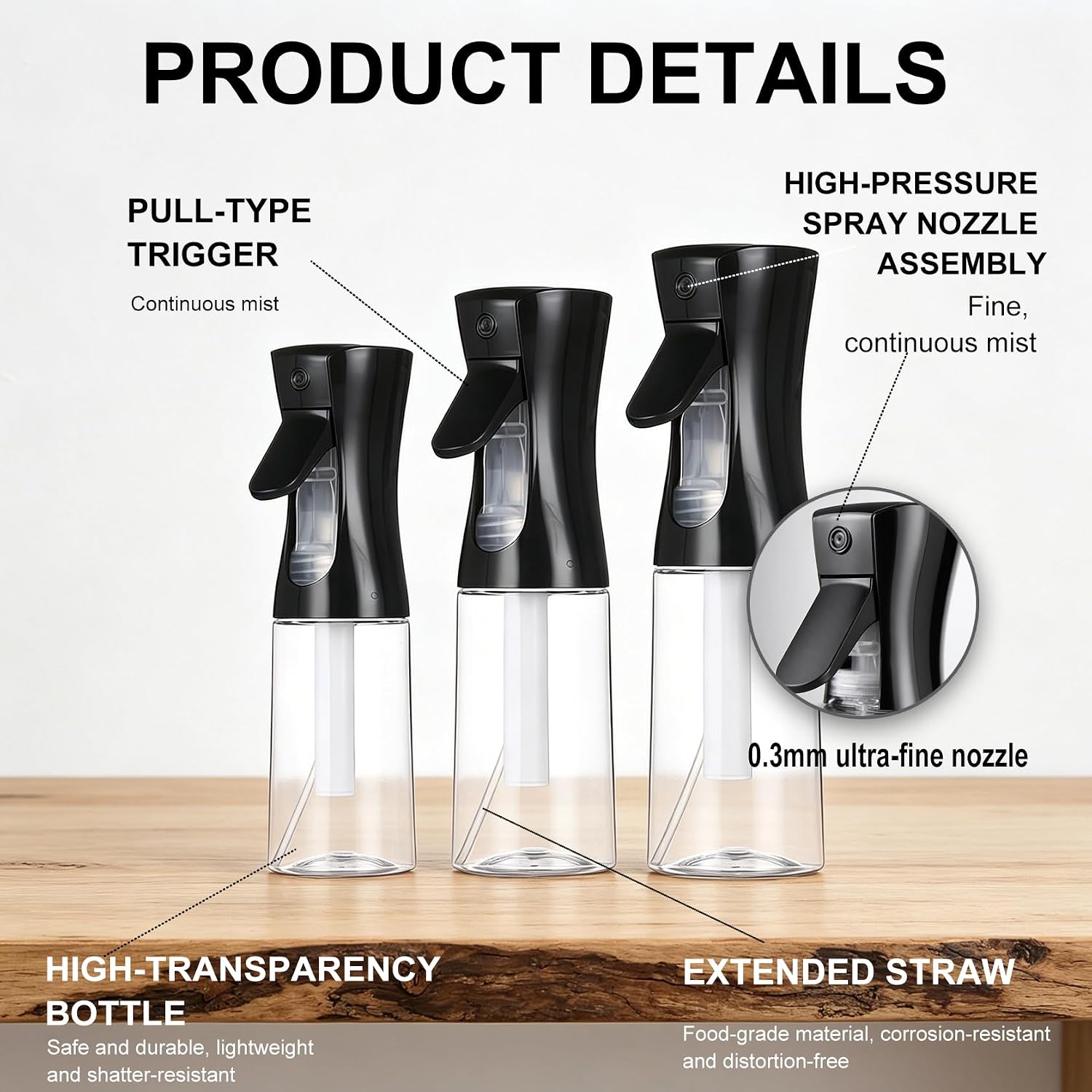 3PCS Spray Bottle,Continuous Empty Spray Bottles for Hair,Face,Daily use,Home,Office,Plastic Water Spray Bottles,Ultra Fine Mist Sprayer(200ml+300ml+500ml)