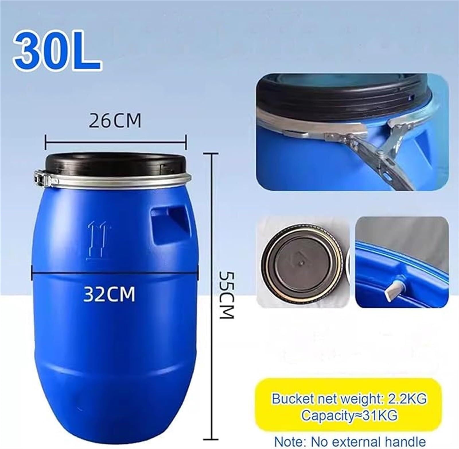 Kanister na wodę o jakości spożywczej 30 l, 50 l, 60 l, 100 l, 120 l, 160 l, 200 l, niebieskie plastikowe beczki są trwałe o wyjątkowej wytrzymałości i długotrwałym użytkowaniu (30 l)