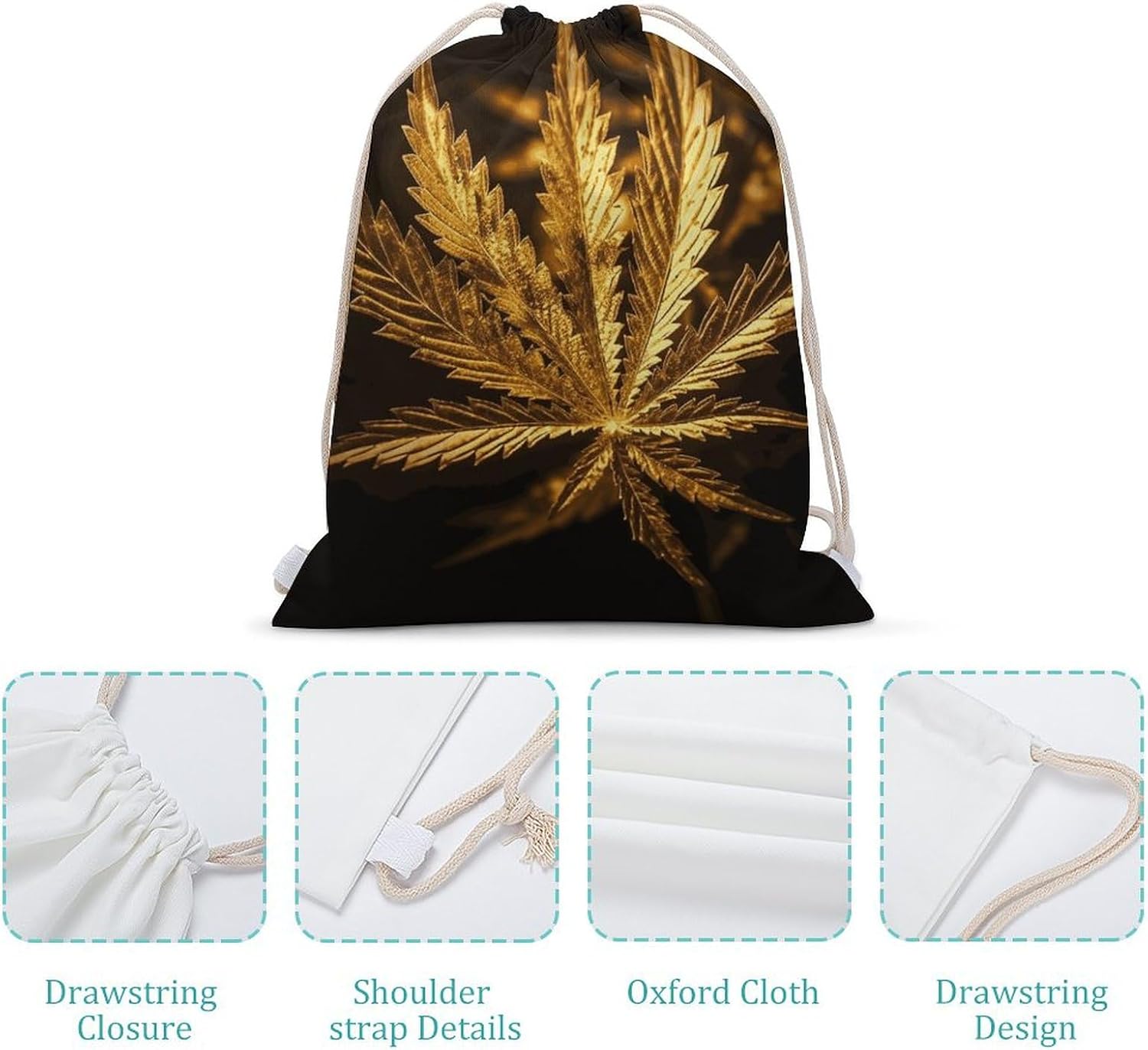 Drawstring Backpack Golden Cannabis Printed Sport Gym Drawstring Bag Lightweight Cinch Sacks Backpack Drawstring Bags for Yoga Sport Gym Beach Travel Backpacks