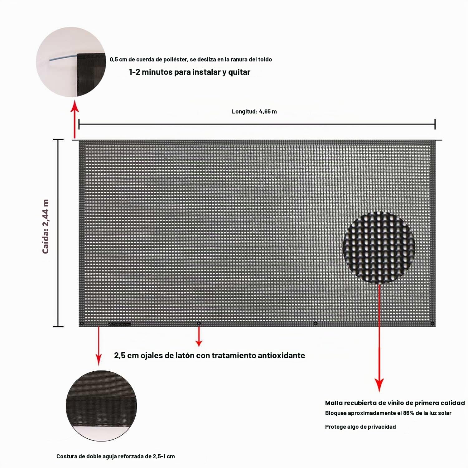 Tentproinc - Parasol para toldo de Caravana de 2,4 x 4,7 m (Apto para toldo de 4,8 m), de Malla, protección Solar, bloquea los Rayos UV, Juego Completo (Negro)