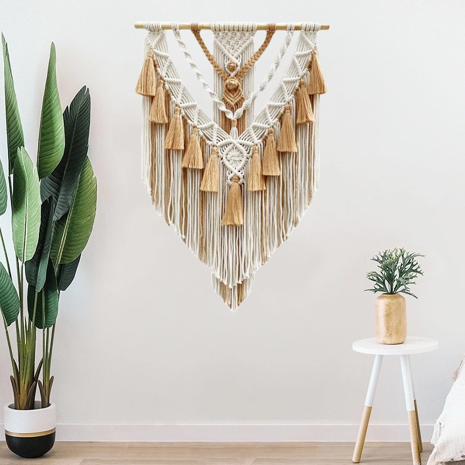 HARWAVE Boho Macrame Wall Hanging & Wall Decor, Cotton Handmade Tapestry with Tassel, Woven Macrame Wall Art for Decorating Bedroom Living Room Apartment Nursery (Brown)