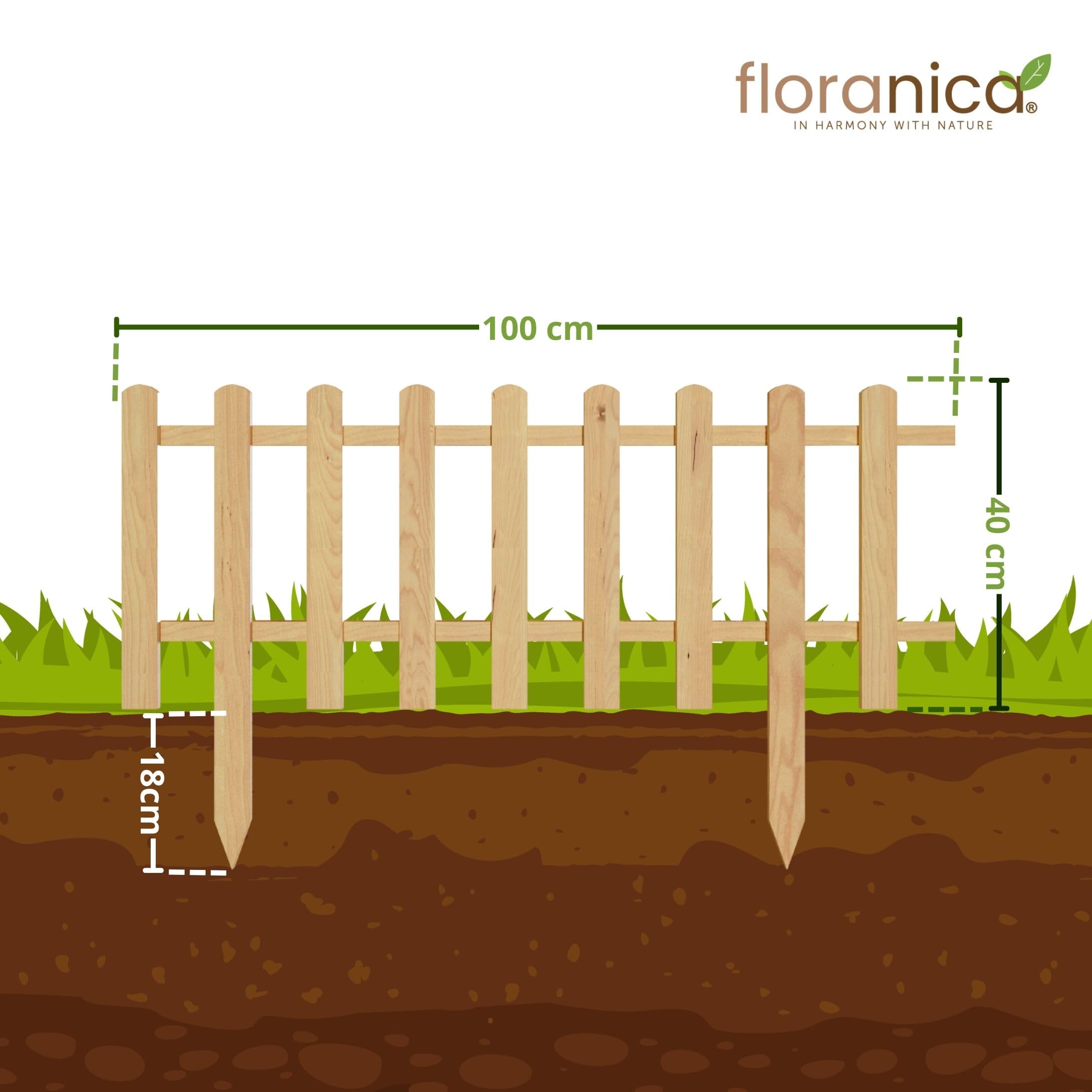 Floranica Set da 4 Staccionata in Legno per Giardino 40 cm x 100 cm Natur Recinzione decorativa da giardino Esterno Steccato in Legno di Pino impregnato Bordure per recinzioni