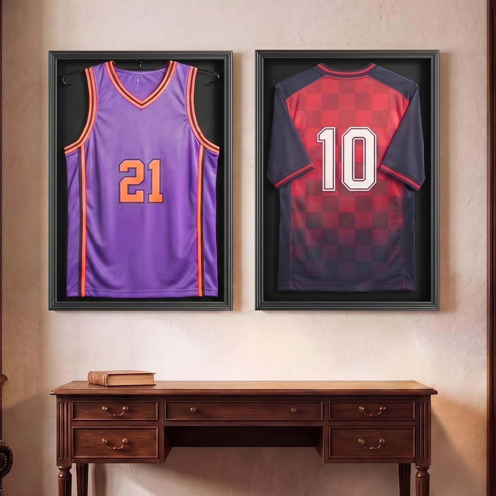 VEVOR Marco de Camisetas de Madera 70 x 90 x 4 cm, Vitrina para Camisetas Deportivas con Panel de Policarbonato con Protección UV, Expositor para Uniformes de Baloncesto, Fútbol, Béisbol, Negro
