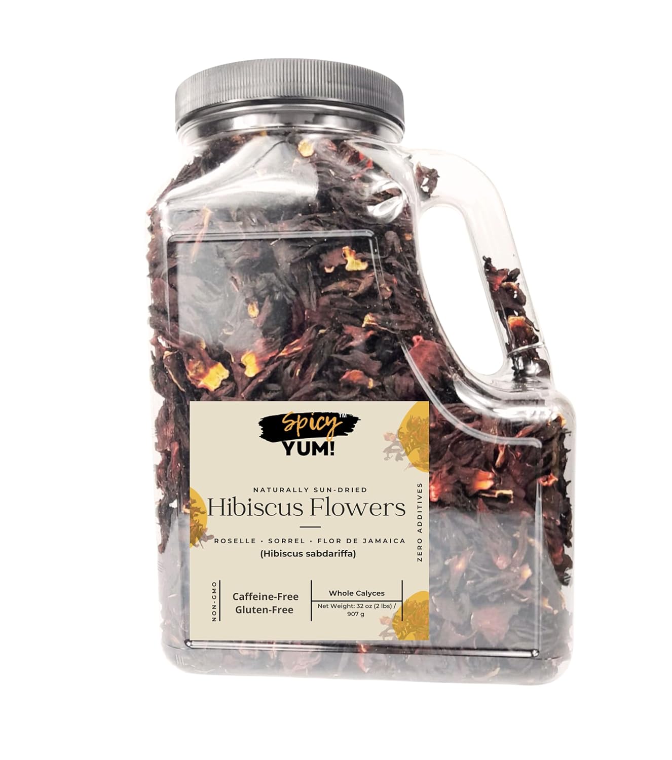 Spicy Yum! Whole Hibiscus Flowers – 2 lbs Jar with Handle | Dried Roselle (Zobo/Flor de Jamaica/Sorrel) for Tea & Cooking | Non-GMO, No Additives