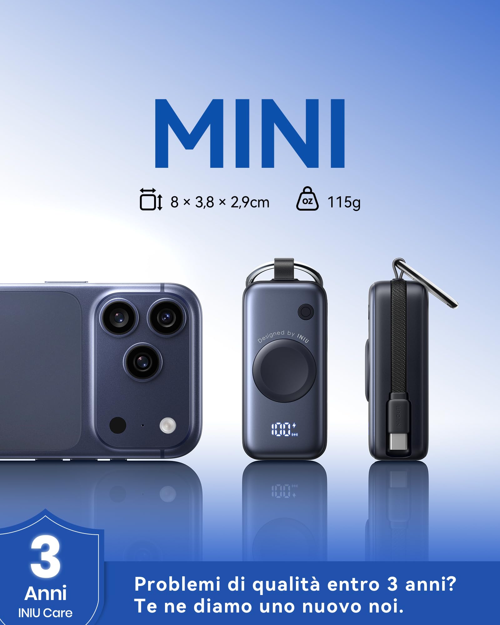 INIU Power Bank 5000 mAh 20 W PD Powerbank z wbudowanym kablem USB C, przenośna ładowarka do Apple Watch, cienka bateria podróżna z breloczkiem, Powerbank do iPhone'a 16 15, Samsung, Xiaomi