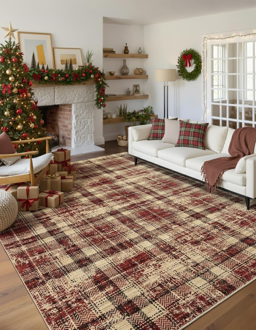 LUXLOOM Washable Rug 10x13 Large Area Rug for Living Room Christmas Plaid Soft Bedroom Rug Non Shedding Non Slip Throw Rugs Stain Resistant Carpet for