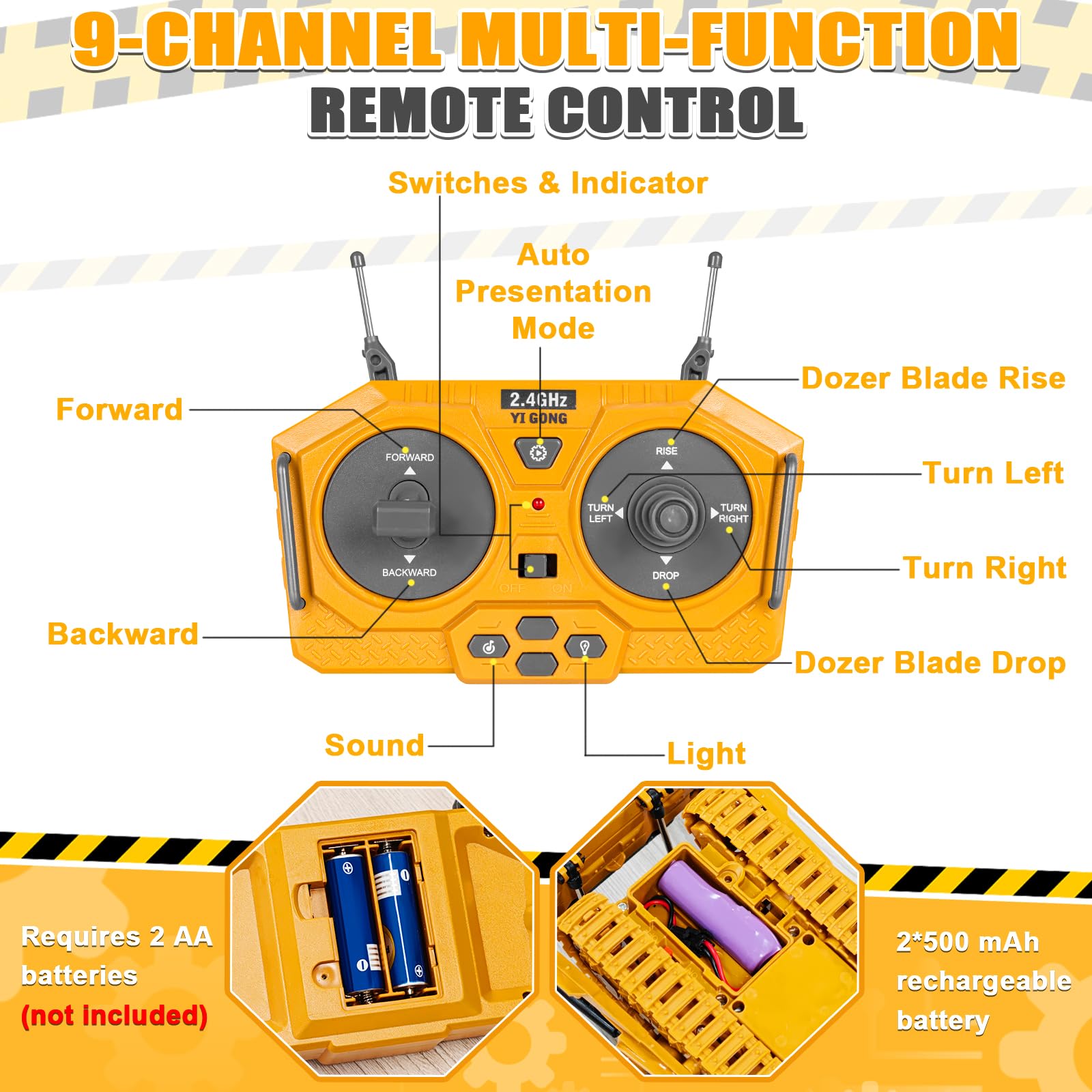 KIZJORYA Bulldozer Telecomandato, Giocattolo da Costruzione RC a 9 Canali con Luci, Suono e Batteria Ricaricabile, Regalo Giocattolo Bulldozer per Bambini di Età Compresa Tra 6 e 12 Anni (2.4 GHz)
