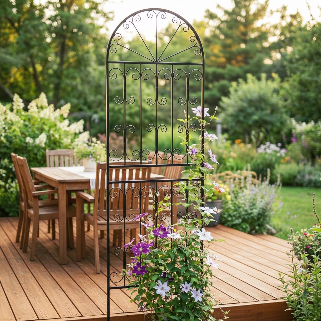 SCENDOR 1 Pack 82.7" H x 26.7" W Extra Tall Arched Metal Garden Trellis - Heavy-Duty Black Iron Scrollwork Fence for Climbing Vines, Roses, and Ivy - Decorative Privacy Screen for Patio and Backyard