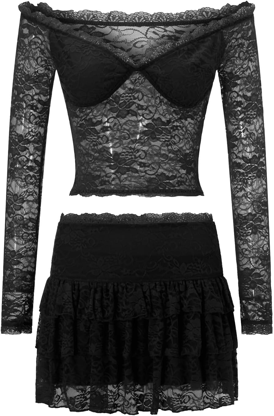 2 Pieces Mini Skirt Set for Women Elegant Lace Crop Top Bodycon Skirts Sheer Mesh Y2K Matching Sets
