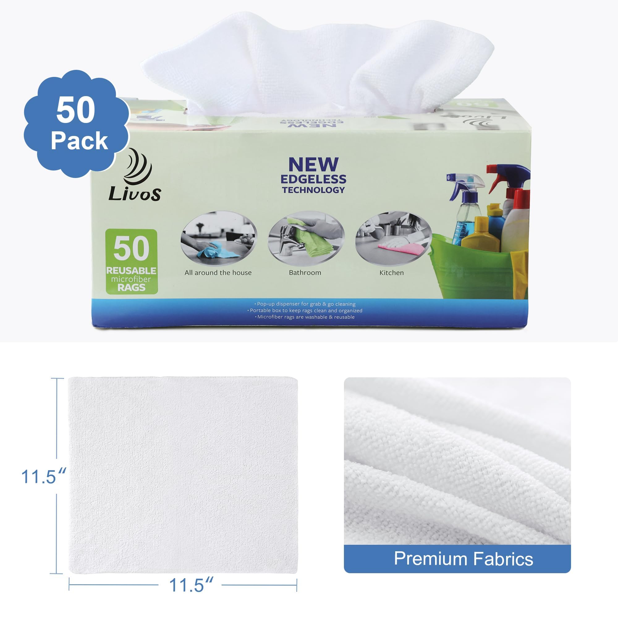 LIVOS Paquete de 50 paños de limpieza de microfibra en caja, trapos de limpieza reutilizables, 11.5 x 11.5 pulgadas, toallitas de microfibra sin bordes, sin pelusas, toallas absorbentes para cocina,