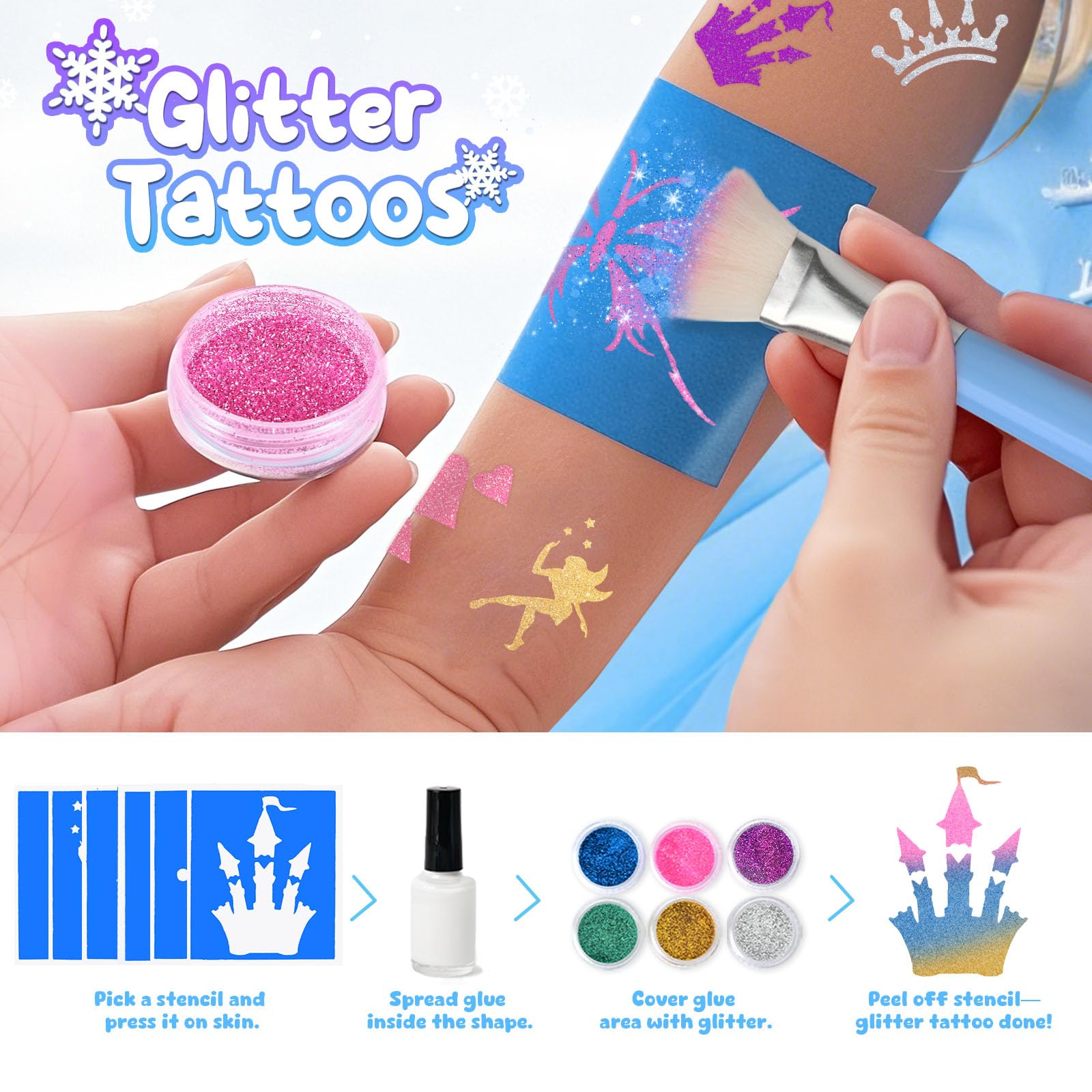 G.C Reine des Neiges Jouet Cadeau Fille 4 5 6 7 8 Ans, Kit Maquillage Enfant Fille avec Séchoir à Ongles Vernis à Ongles Tatouage Paillettes, Coffret Maquillage Nail Art Cadeau
