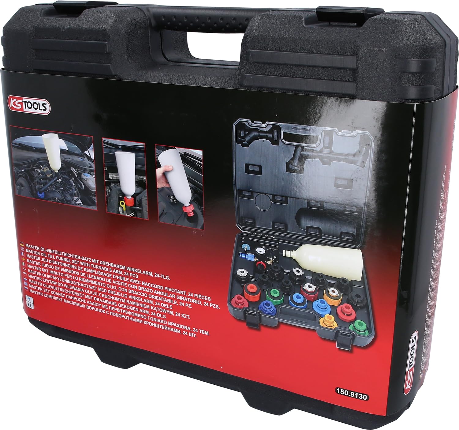KS Tools 150.9130 MASTER Juego de tolvas de relleno de aceite con brazo giratorio, 24 pzs