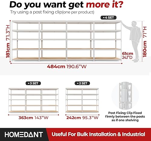 Miniatura 8 de HOMEDANT Estantes de almacenamiento de 5 niveles ajustables laminados sin pernos para garaje, estantería de metal resistente, estante para almacén,