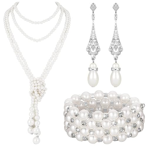 Maitys 3 Pcs 1920s Pearl Jewelry Set Including Vintage Flapper Earrings Multilayer Imitation Pearl Necklace Bracelet for Women Girls (Delicate) white