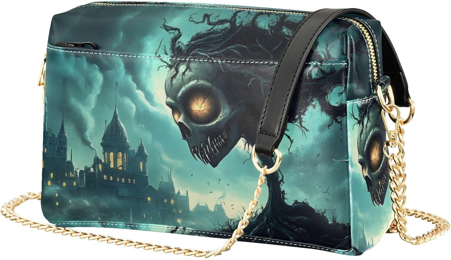 Women Crossbody Bag Shoulder Handbag Cellphone Purse Creepy Halloween Head Print, PU Leather Metal Chain Strap Water Resistant Zipper Closure