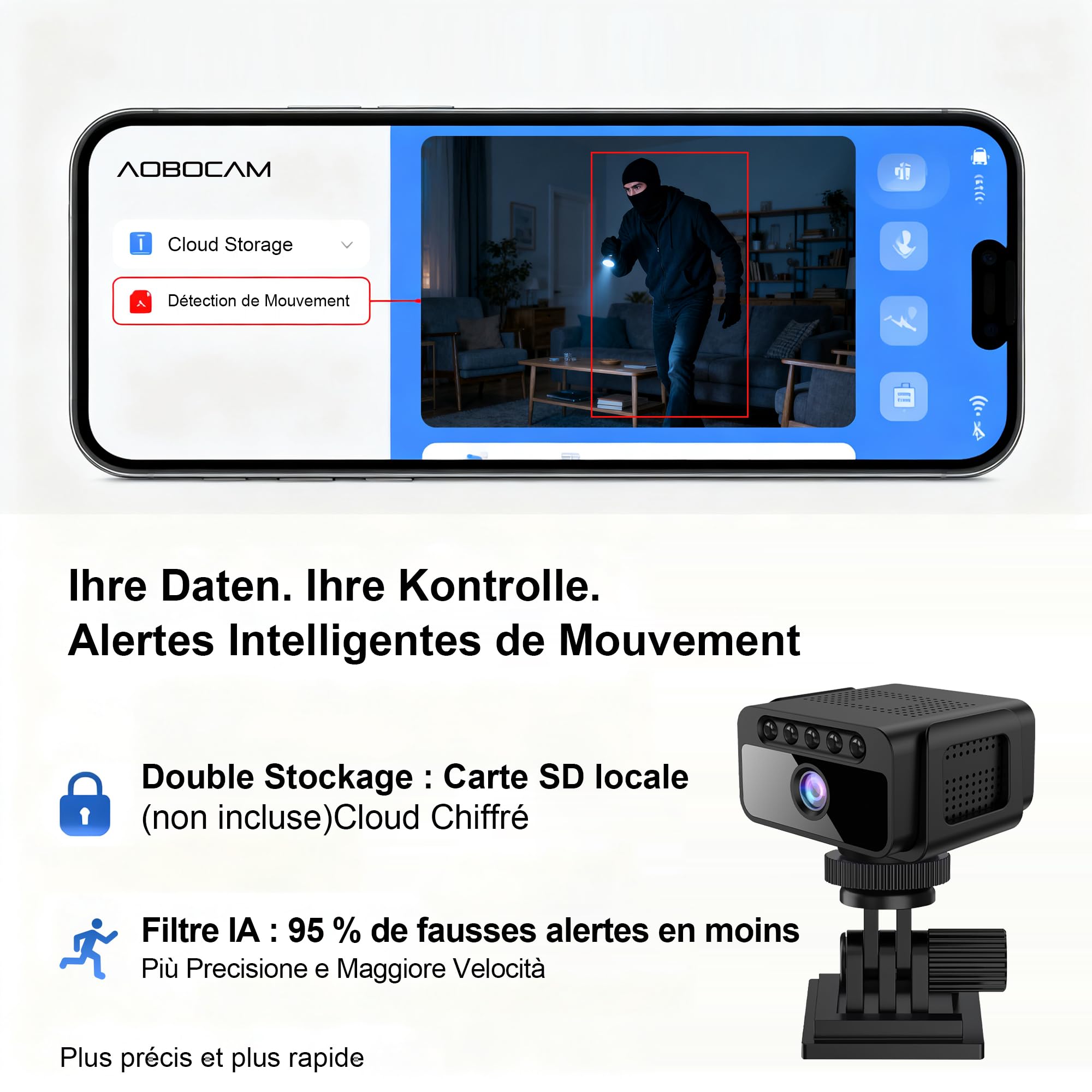 AOBOCAM Caméra Espion WiFi 4K avec Cloud Surveillance Intérieure sans Fil Vision Nocturne Grand Angle 150° Détection de Mouvement IA Mini Caméra de Sécurité