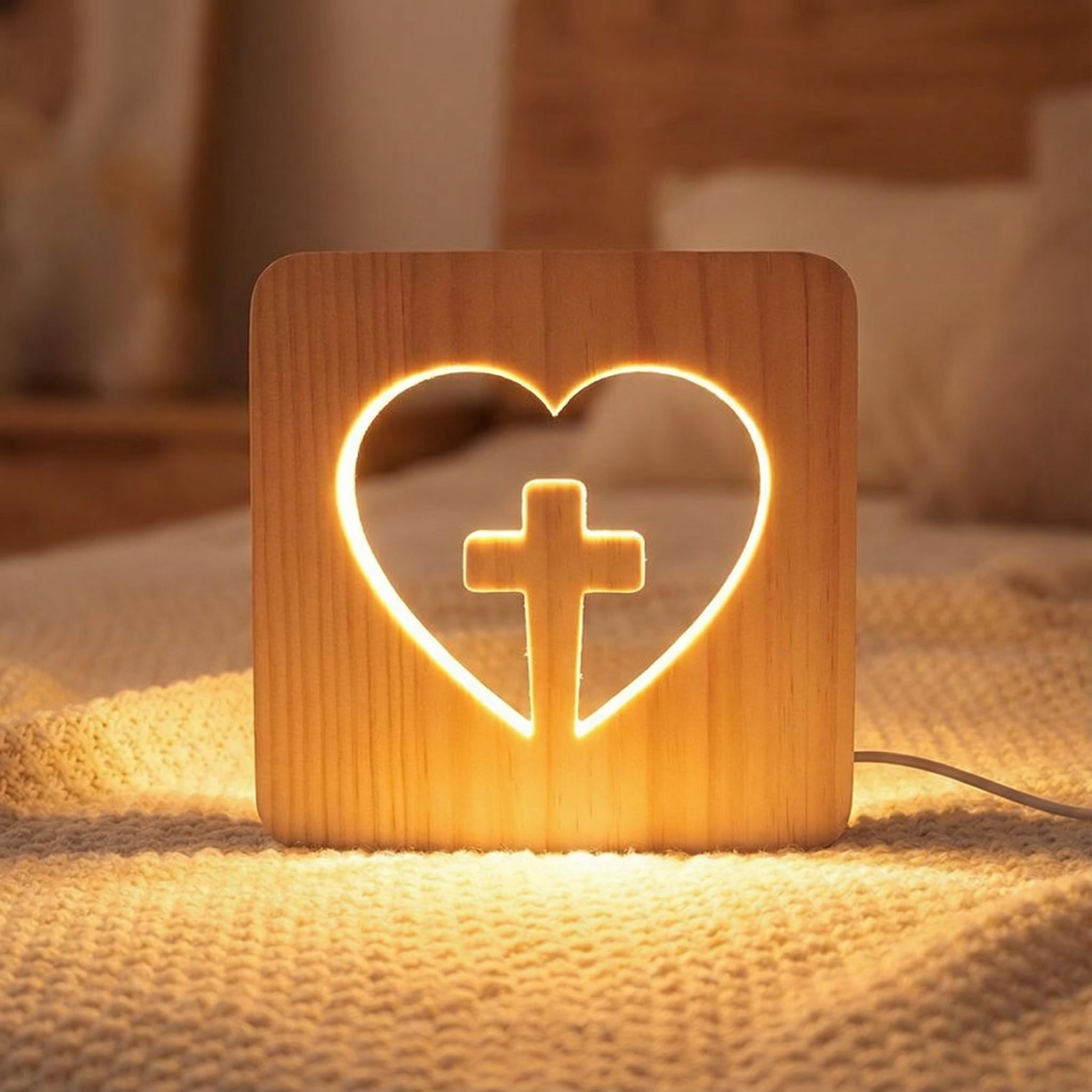Lámpara de Mesa Cruz Madera – Luz de Noche Infantil Quitamiedos LED Cálida – Lámpara Cubo Cuadrada Decoración Religiosa Moderna – Regalo Original Primera Comunión Niña y Niño, Bautizo y Bebé