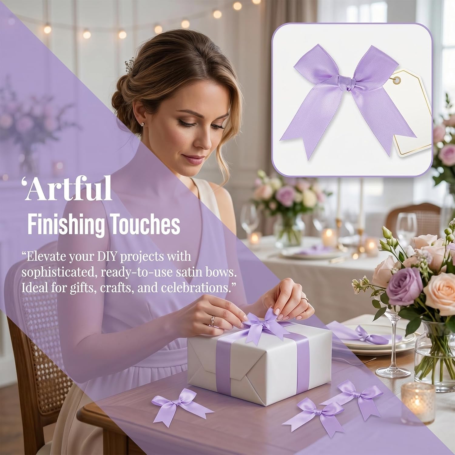 50 Pcs Light Purple Satin Ribbon Bows 3.3 Inch Premade Gift Wrap Bows for Crafts Party Decorations Baby Shower Birthday Wedding Gifts with 50 Dot Nano Adhesive Tape image 3