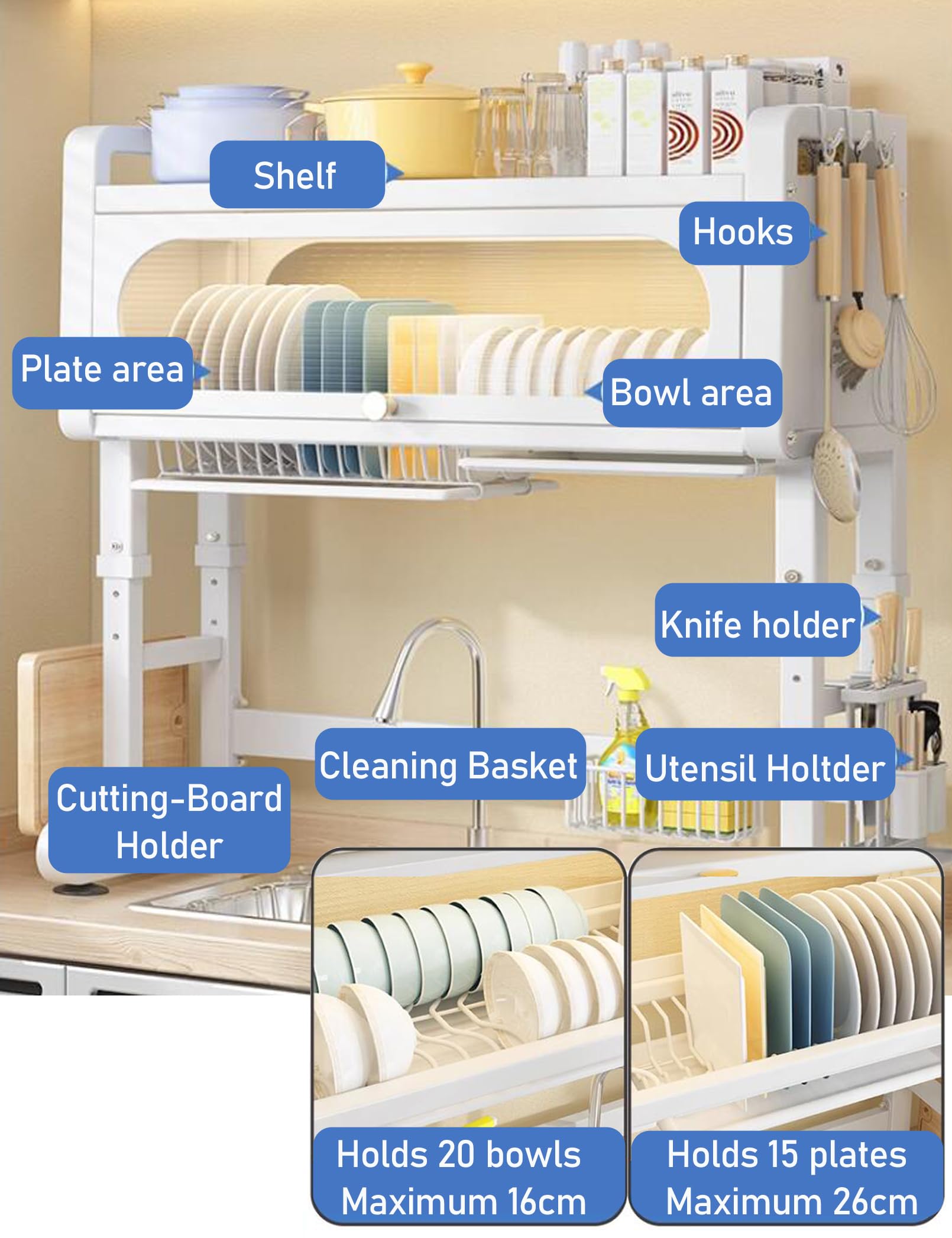 Escurridor de platos ajustable de 3 niveles con panel de drenaje, encimera de cocina con ganchos para sils y soporte de cuchillos, color blanco, ideal para almacenamiento en gabinetes