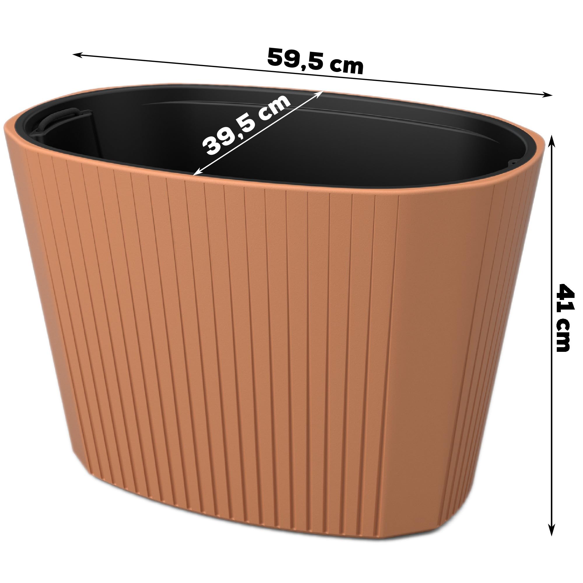 botle Pot de fleurs avec grand insert - Couleur terre cuite - Ovale - 59,5 x 39 cm - Hauteur : 41 cm - Surface rainurée - Plastique mat - Moderne - Glamour - Pour terrasse, jardin, balcon