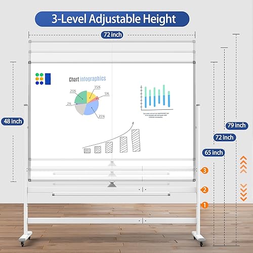 Miniatura 2 de Pizarra blanca magnética grande de 72 x 48 pulgadas, pizarra de borrado en seco de doble cara con soporte y ruedas, pizarra blanca móvil para el