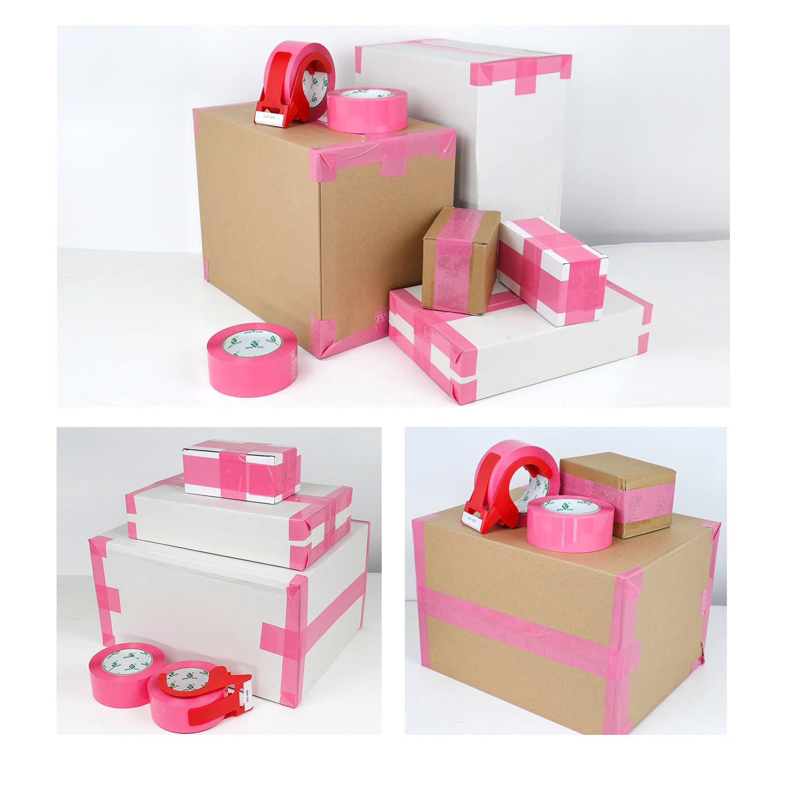 BOMEI PACK Nastro da imballaggio rosa con dispenser, 2,4 mm, 4 cm x 100 m, 6 rotoli di ricarica nastro per imballaggio, scatola di colore rosa, per traslochi, spedizioni, spedizioni e stoccaggio