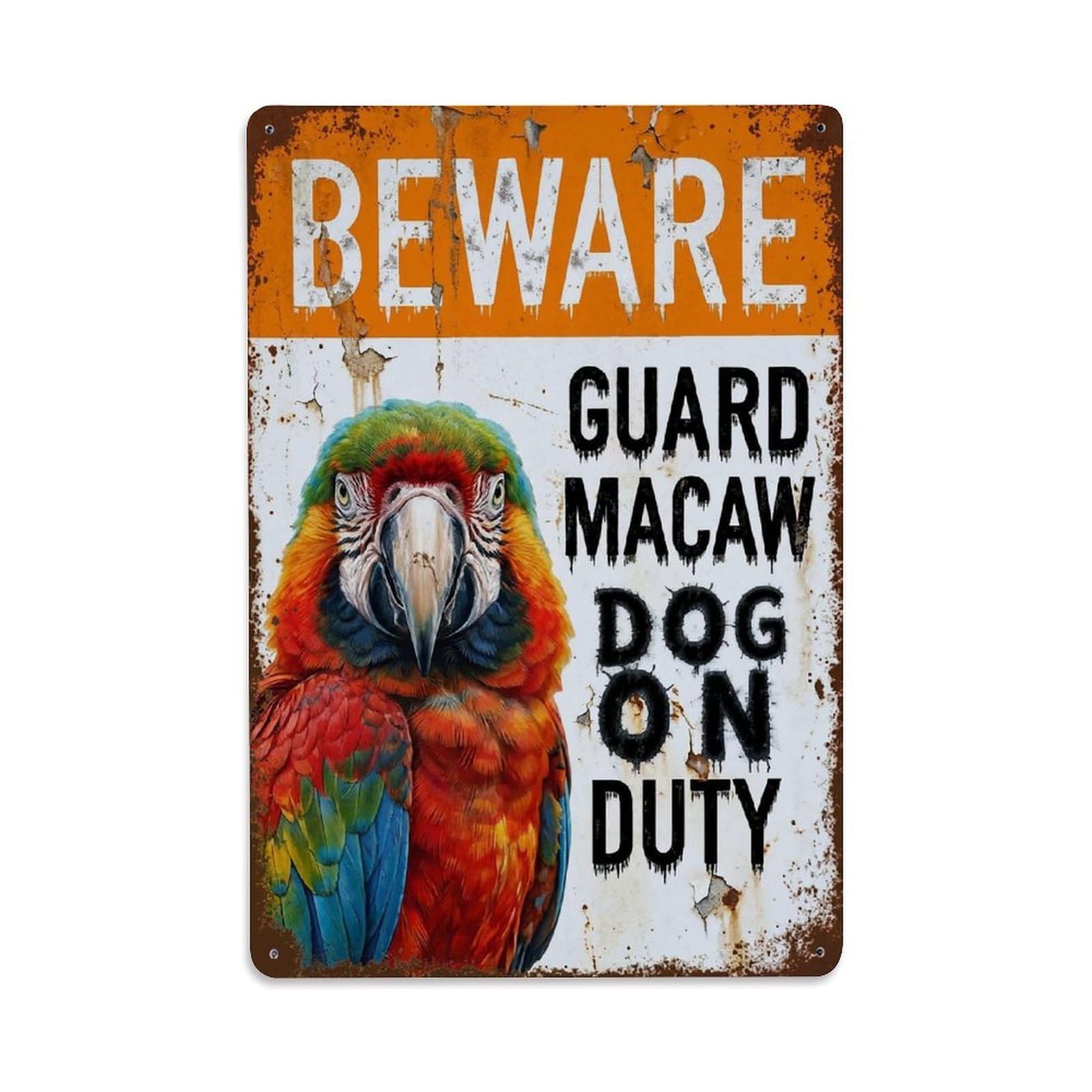 Vintage Funny Macaw Guard Beware of Bird Lawn Metal Tin Sign Plaque Wall Decor for Cafe, Club Bar, Office, Garden Metal Poster 8x12Inch