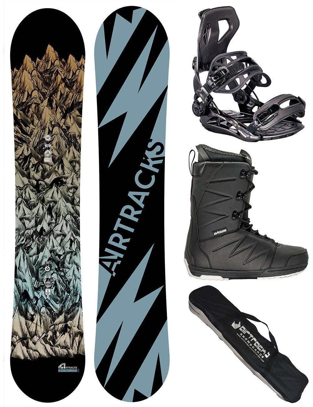Airtracks Set snowboard uomo snowboard Wide Mountain Lines Freestyle Freeride 156 – Snowboard Bindung Master – Softboots Star 46 – SB Bag